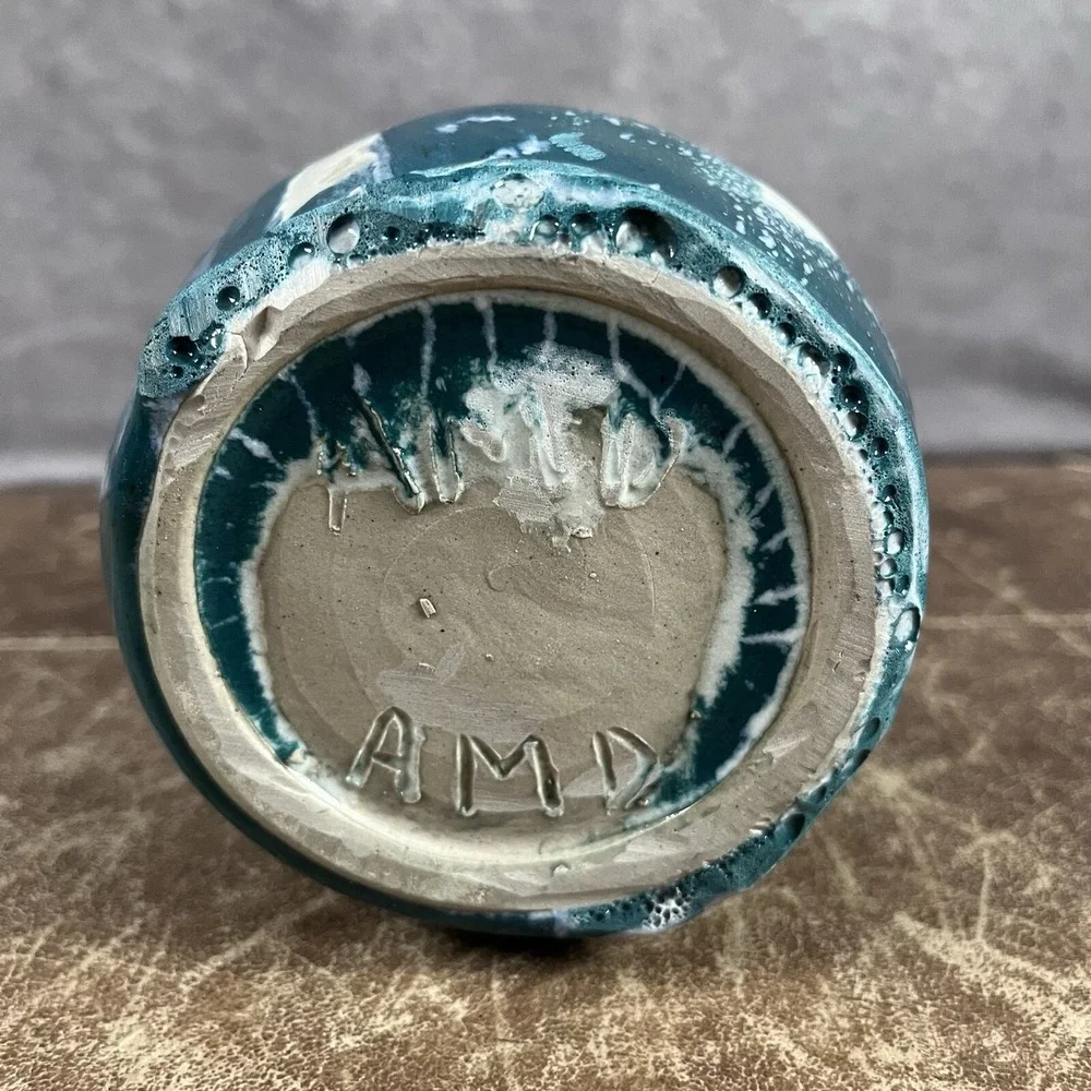 AMD Artisan Pottery Vase Small Teal Blue White Drip Glaze Coastal Decor Coastal